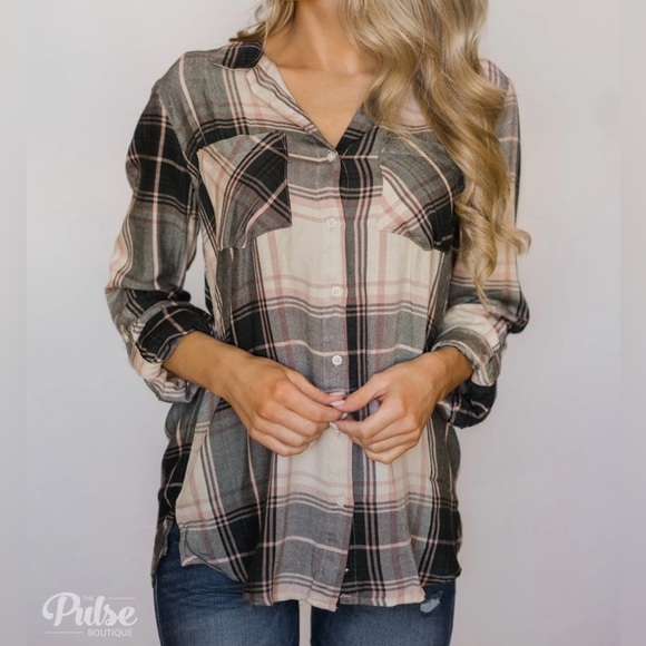 NWT THREAD & SUPPLY BUTTON UP PLAID TOP- TAN, BLUSH, DARK OLIVE L - Picture 5 of 11